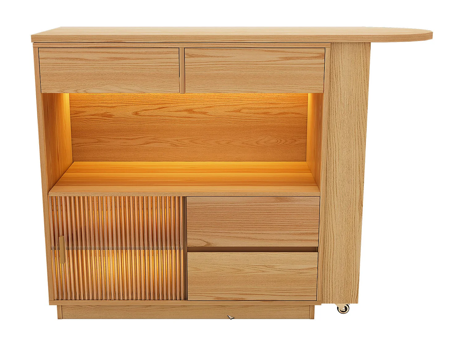 Armário de bar extensível, mesa de canto - 4 gavetas, 1 porta e prateleiras - Madeira MDF - Natural