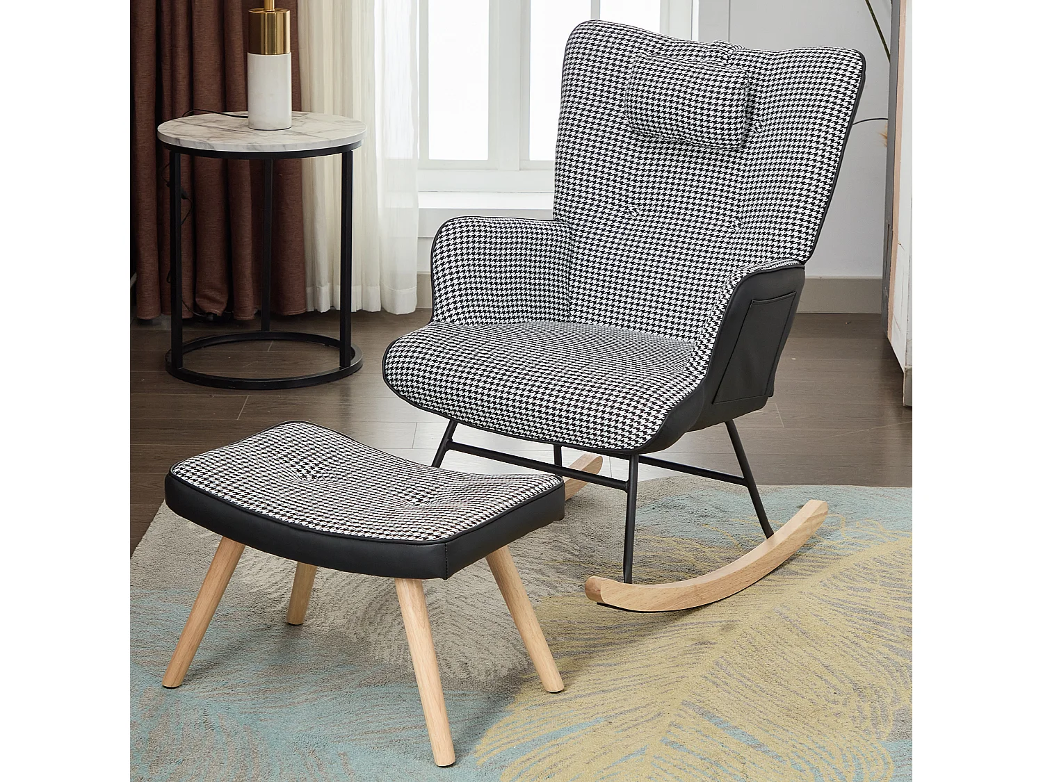 Fauteuil à bascule avec poche latérale,  appui-tête et repose-pieds - 85 x 65 x 96 cm - Motif chippendale - Noir + blanc