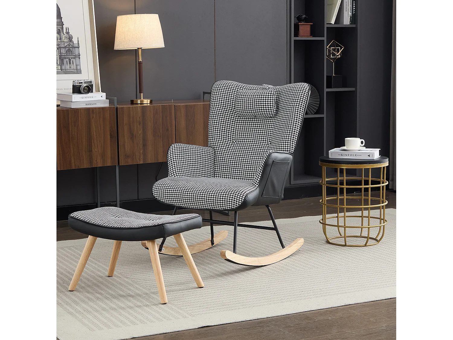 Fauteuil à bascule avec poche latérale,  appui-tête et repose-pieds - 85 x 65 x 96 cm - Motif chippendale - Noir + blanc