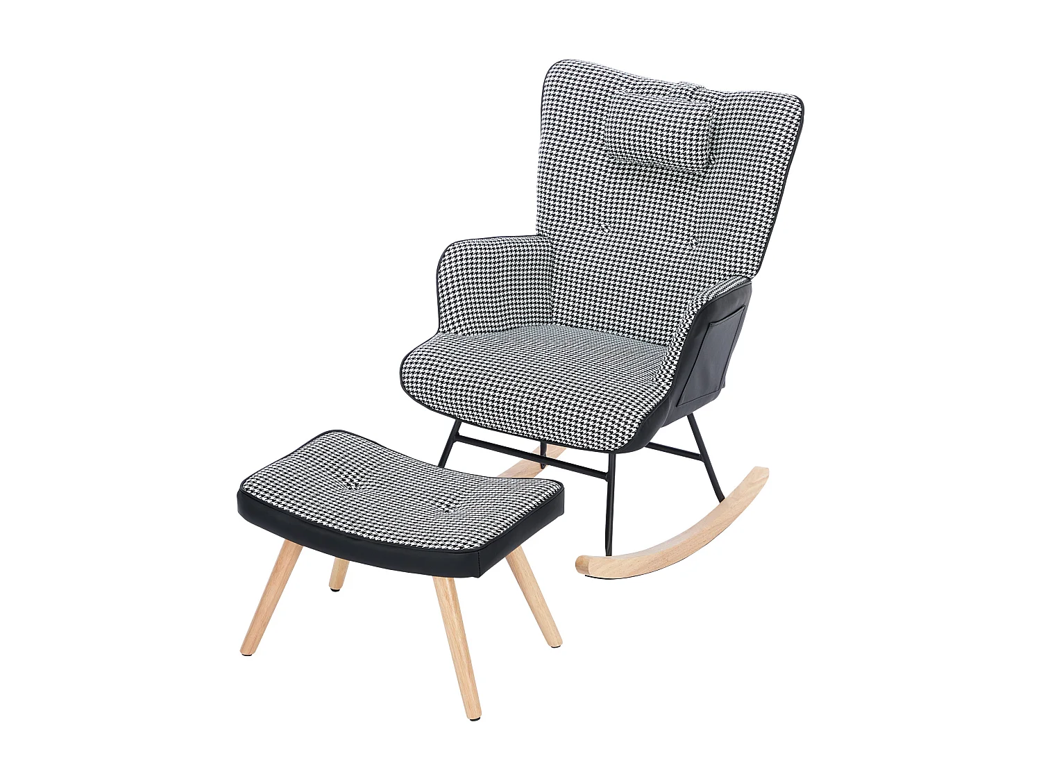 Fauteuil à bascule avec poche latérale,  appui-tête et repose-pieds - 85 x 65 x 96 cm - Motif chippendale - Noir + blanc