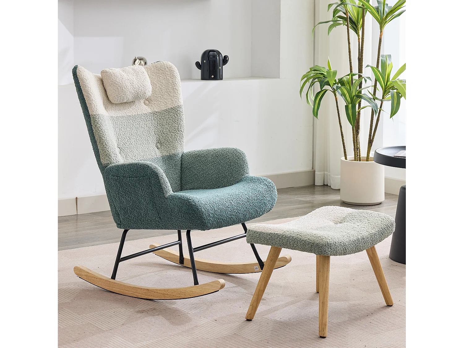 Fauteuil à bascule en tissu bouclé avec repose-pièds et appui-tête - 65.5 x 83 x 95 cm - Multicolore