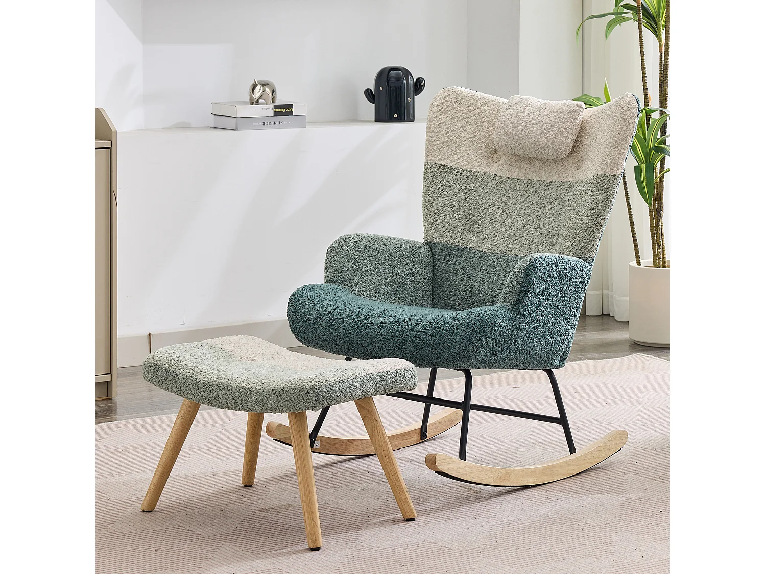 Fauteuil à bascule en tissu bouclé avec repose-pièds et appui-tête - 65.5 x 83 x 95 cm - Multicolore