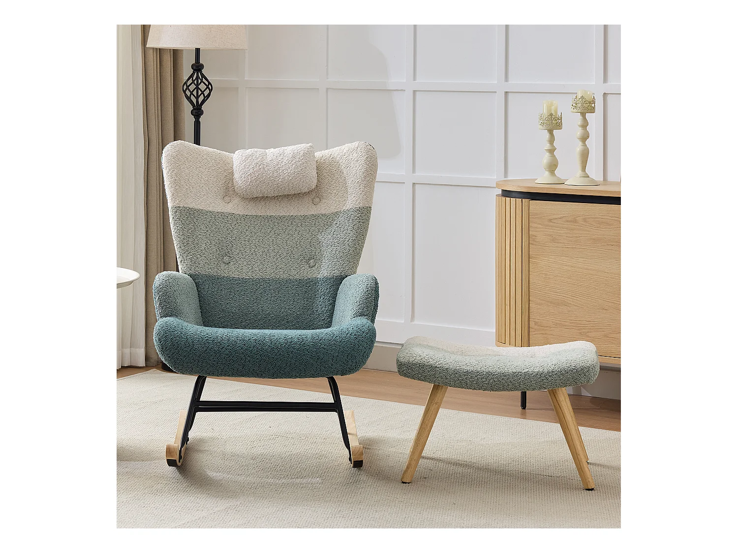 Bouclé Stoffen Schommelstoel met Voetenbank en Hoofdsteun - 65,5 x 83 x 95 cm - Multicolor