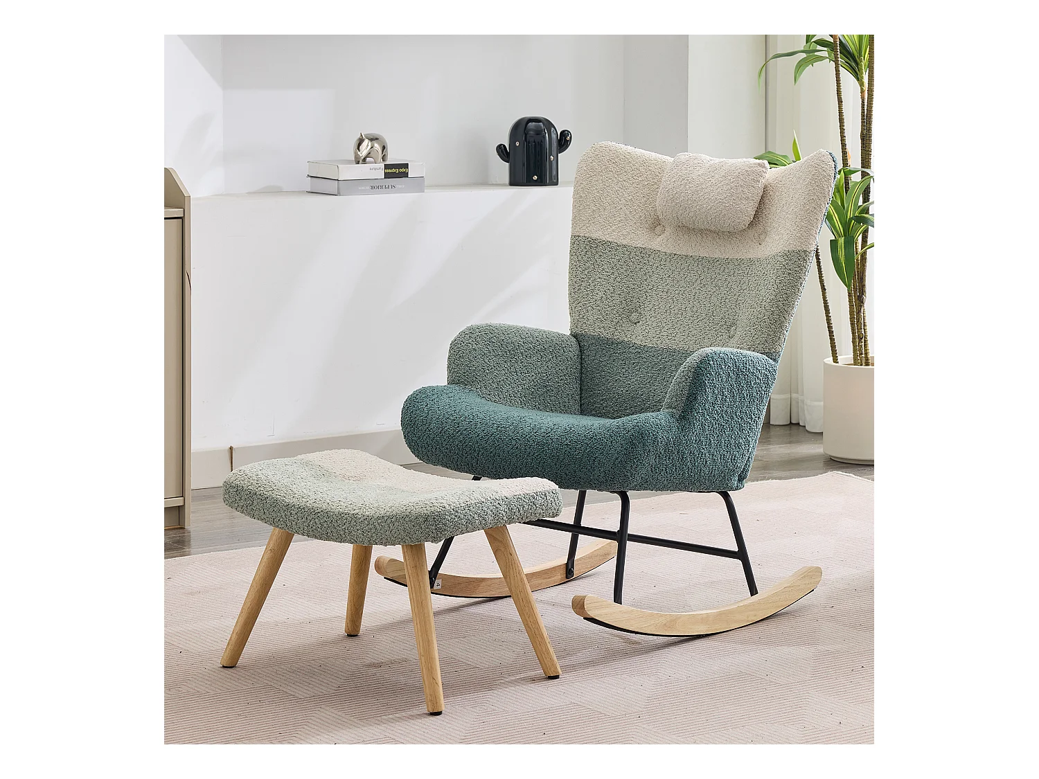 Schaukelstuhl aus Bouclé-Stoff mit Fußstütze und Kopfstütze - 65,5 x 83 x 95 cm - Mehrfarbig