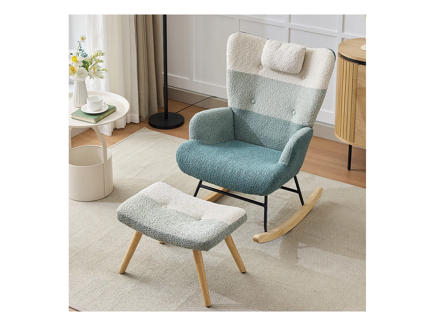 Schaukelstuhl aus Bouclé-Stoff mit Fußstütze und Kopfstütze - 65,5 x 83 x 95 cm - Mehrfarbig
