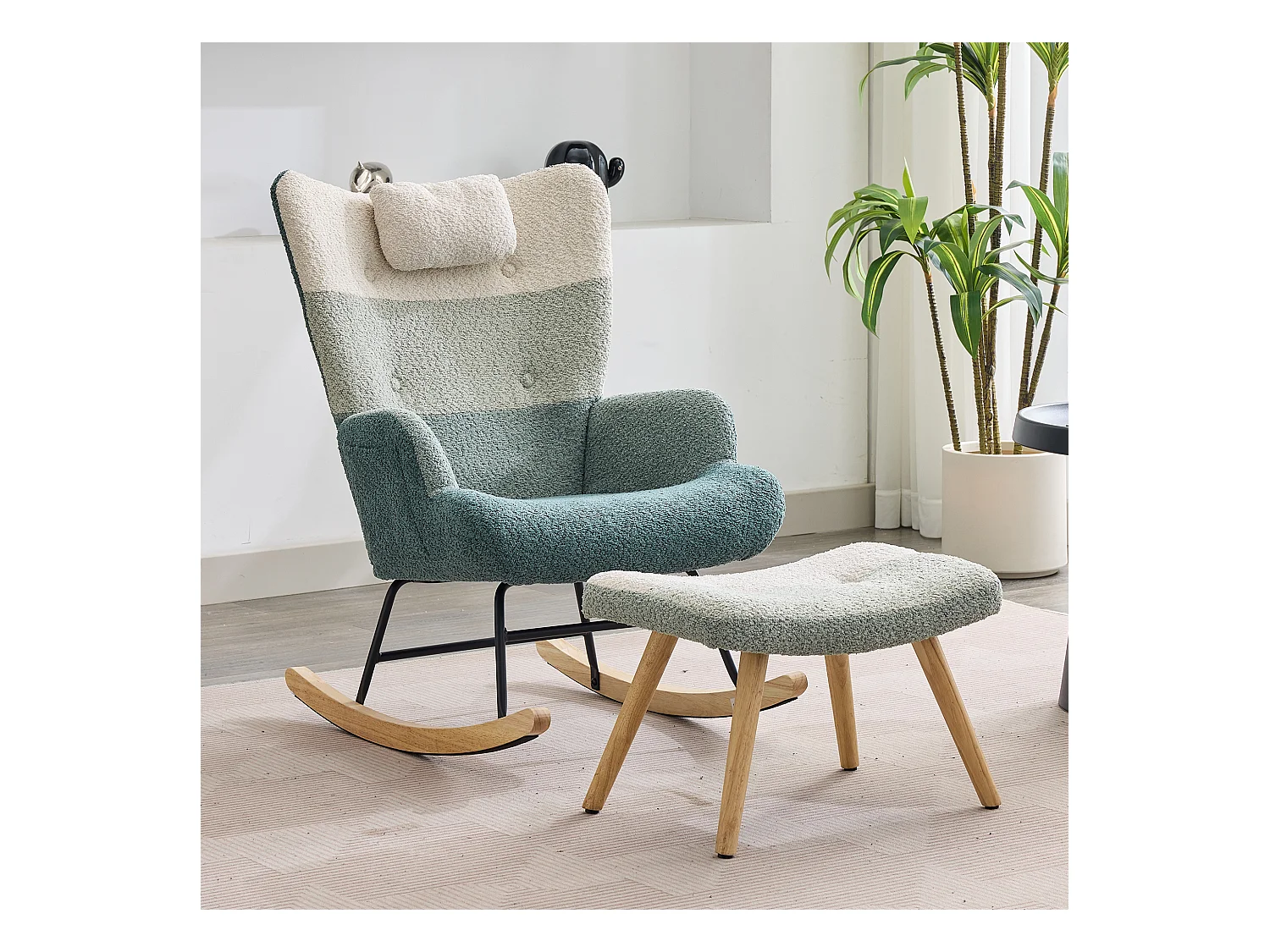 Schaukelstuhl aus Bouclé-Stoff mit Fußstütze und Kopfstütze - 65,5 x 83 x 95 cm - Mehrfarbig