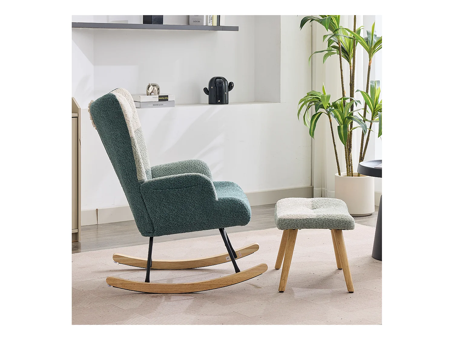 Schaukelstuhl aus Bouclé-Stoff mit Fußstütze und Kopfstütze - 65,5 x 83 x 95 cm - Mehrfarbig