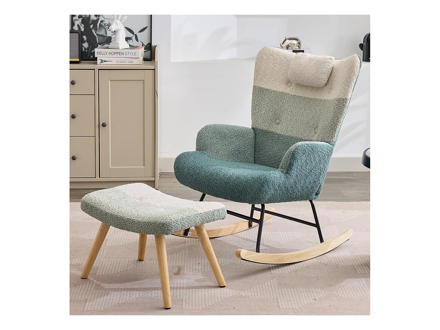 Schaukelstuhl aus Bouclé-Stoff mit Fußstütze und Kopfstütze - 65,5 x 83 x 95 cm - Mehrfarbig
