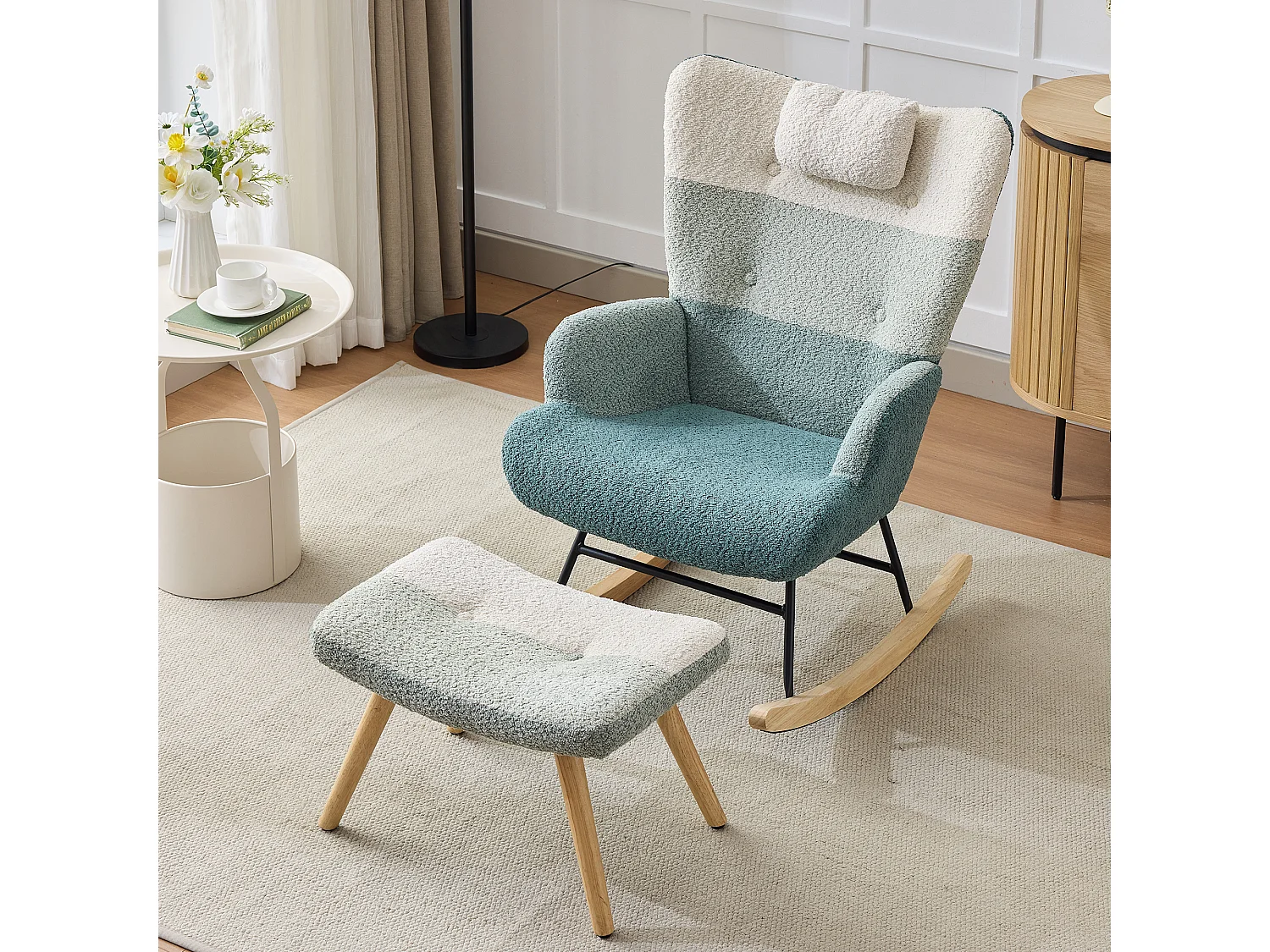 Fauteuil à bascule en tissu bouclé avec repose-pièds et appui-tête - 65.5 x 83 x 95 cm - Multicolore