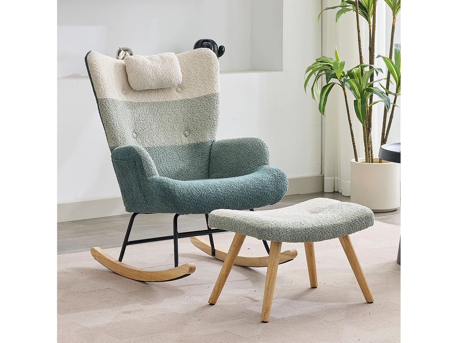 Fauteuil à bascule en tissu bouclé avec repose-pièds et appui-tête - 65.5 x 83 x 95 cm - Multicolore