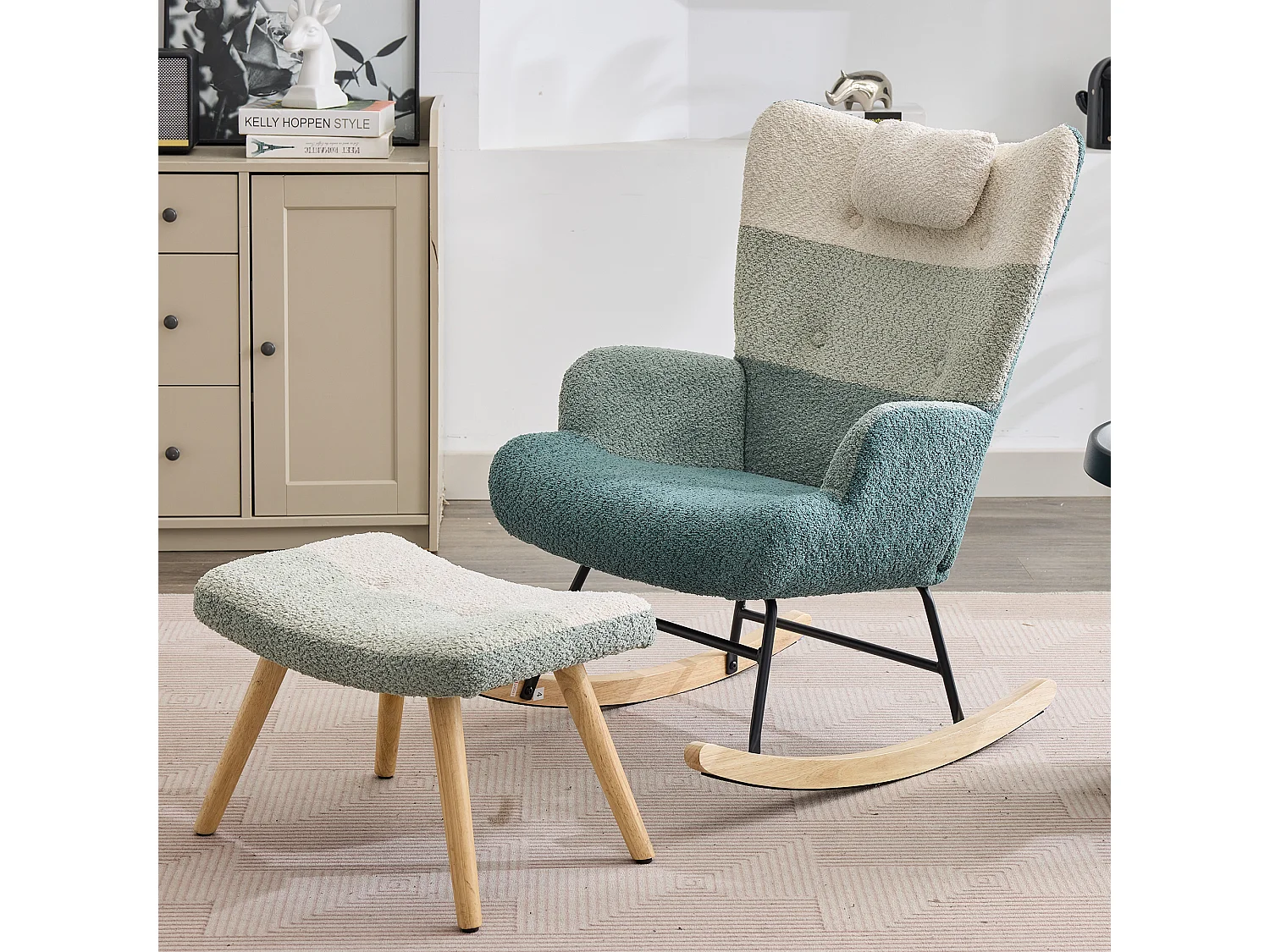 Fauteuil à bascule en tissu bouclé avec repose-pièds et appui-tête - 65.5 x 83 x 95 cm - Multicolore