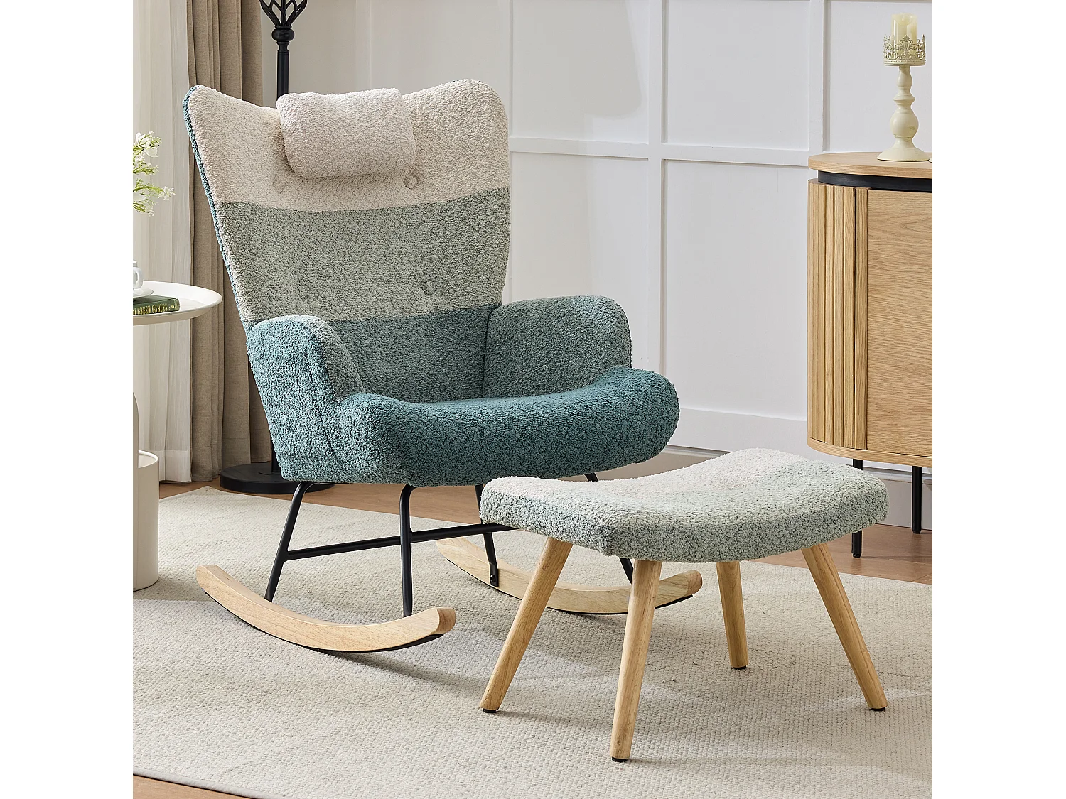 Fauteuil à bascule en tissu bouclé avec repose-pièds et appui-tête - 65.5 x 83 x 95 cm - Multicolore
