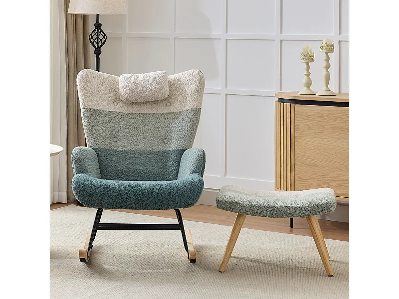 Fauteuil à bascule en tissu bouclé avec repose-pièds et appui-tête - 65.5 x 83 x 95 cm - Multicolore