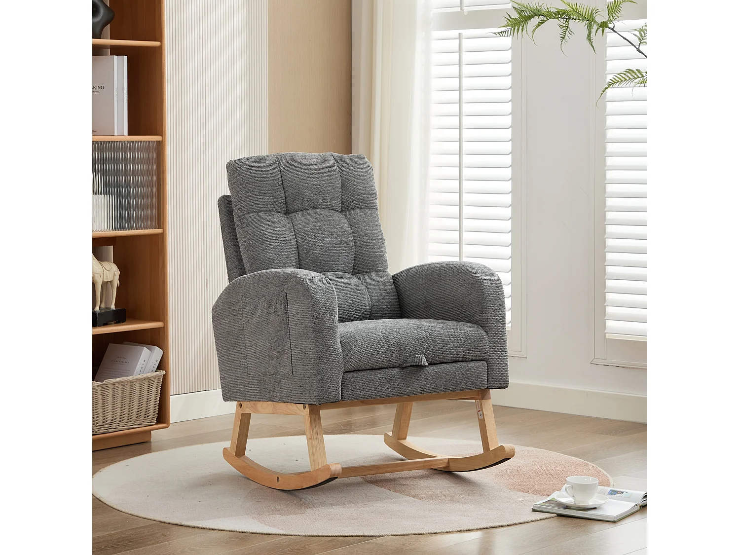 Teddy Velvet Schommelstoel met Voetenbank en Armleuningen - 132 x 50 x 99 cm - Massief Houten Frame - Grijs