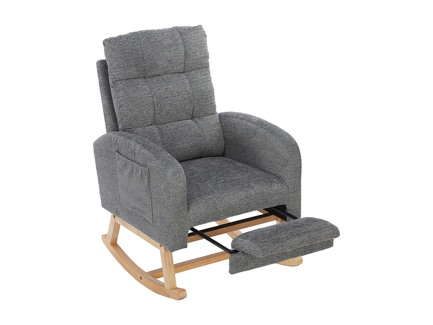 Teddy Velvet Schommelstoel met Voetenbank en Armleuningen - 132 x 50 x 99 cm - Massief Houten Frame - Grijs