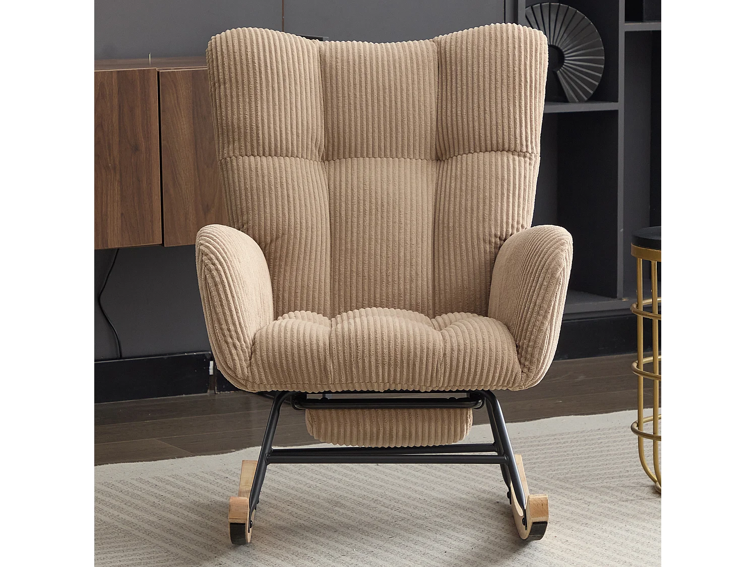 Fauteuil à bascule avec repose-pièds évolutif et accoudoirs - 102 x 65 x 92 cm - Velours côtelé - Marron