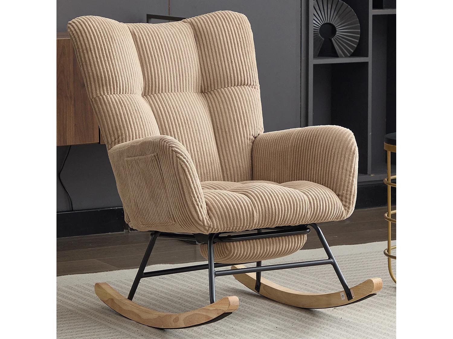 Fauteuil à bascule avec repose-pièds évolutif et accoudoirs - 102 x 65 x 92 cm - Velours côtelé - Marron