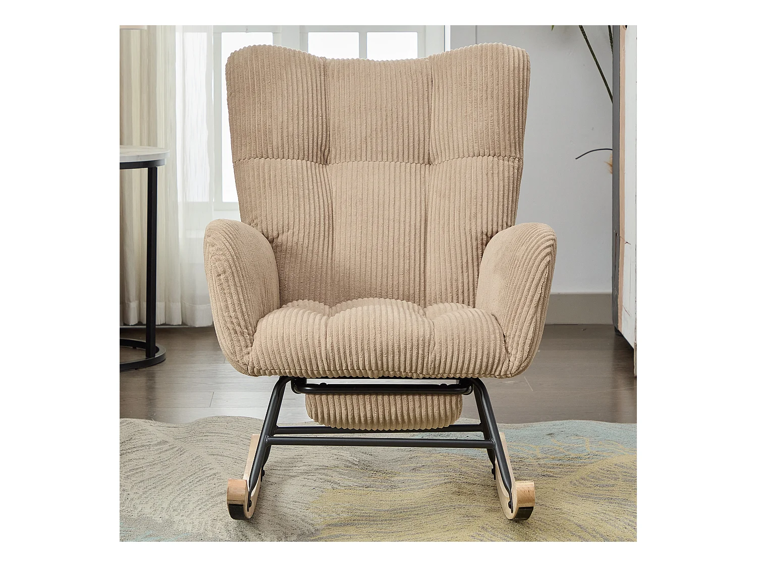 Fauteuil à bascule avec repose-pièds évolutif et accoudoirs - 102 x 65 x 92 cm - Velours côtelé - Marron