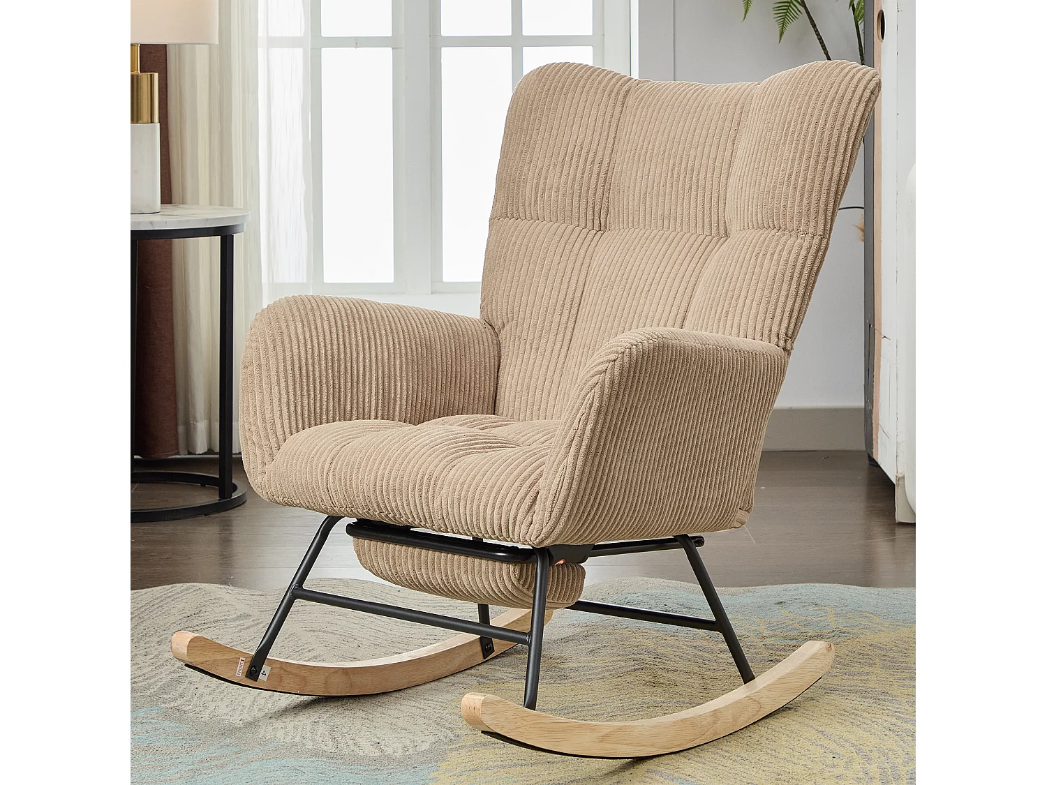 Fauteuil à bascule avec repose-pièds évolutif et accoudoirs - 102 x 65 x 92 cm - Velours côtelé - Marron