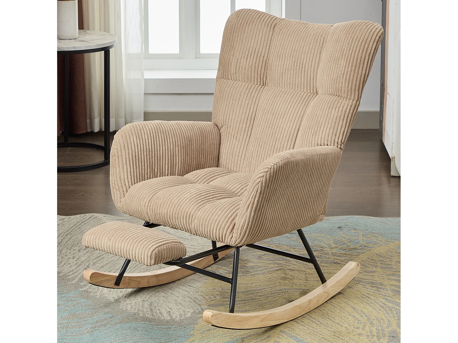 Fauteuil à bascule avec repose-pièds évolutif et accoudoirs - 102 x 65 x 92 cm - Velours côtelé - Marron