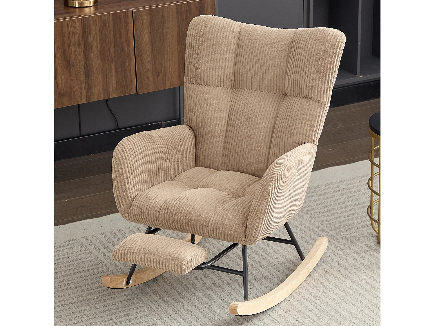 Fauteuil à bascule avec repose-pièds évolutif et accoudoirs - 102 x 65 x 92 cm - Velours côtelé - Marron