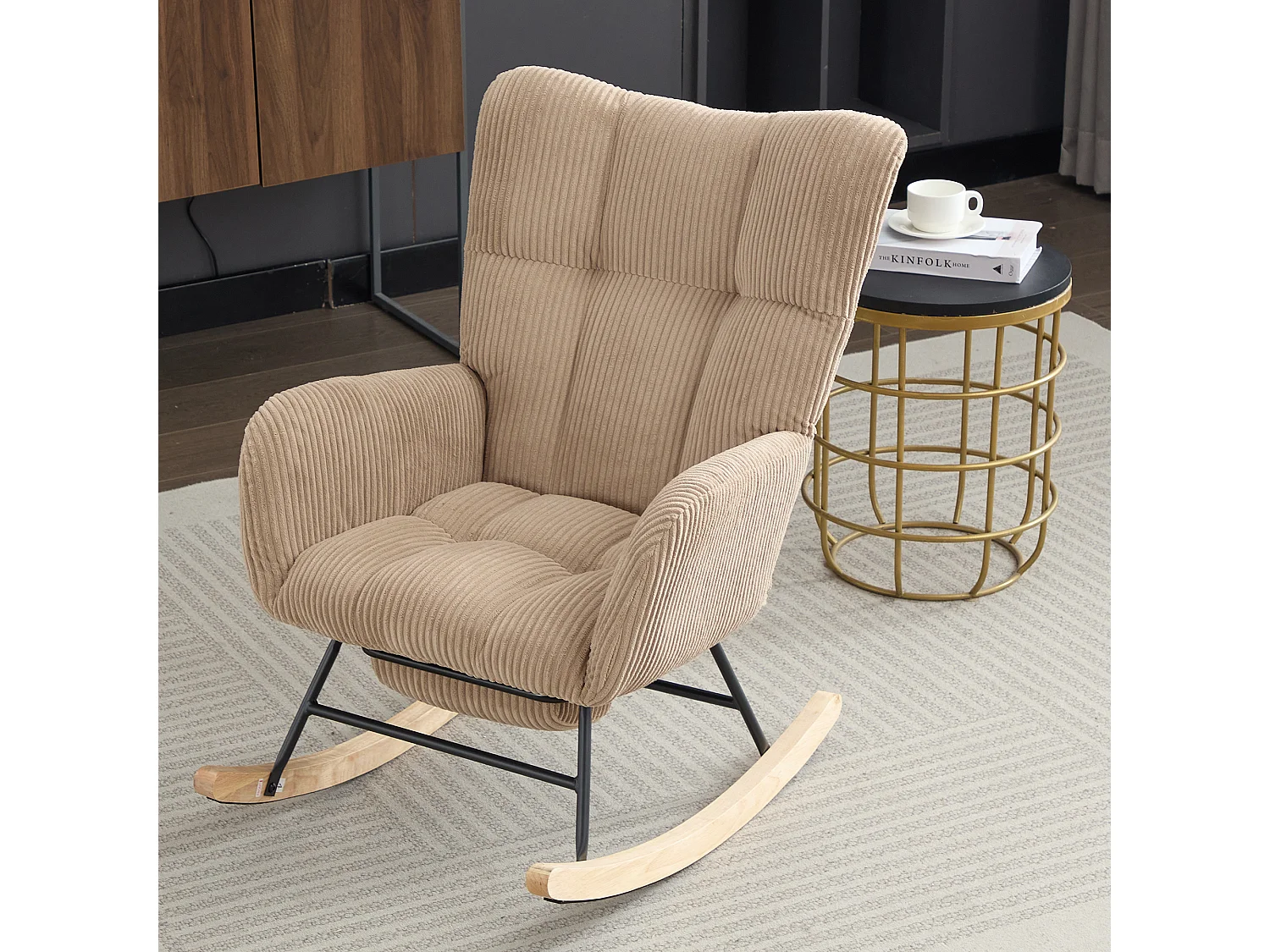 Fauteuil à bascule avec repose-pièds évolutif et accoudoirs - 102 x 65 x 92 cm - Velours côtelé - Marron