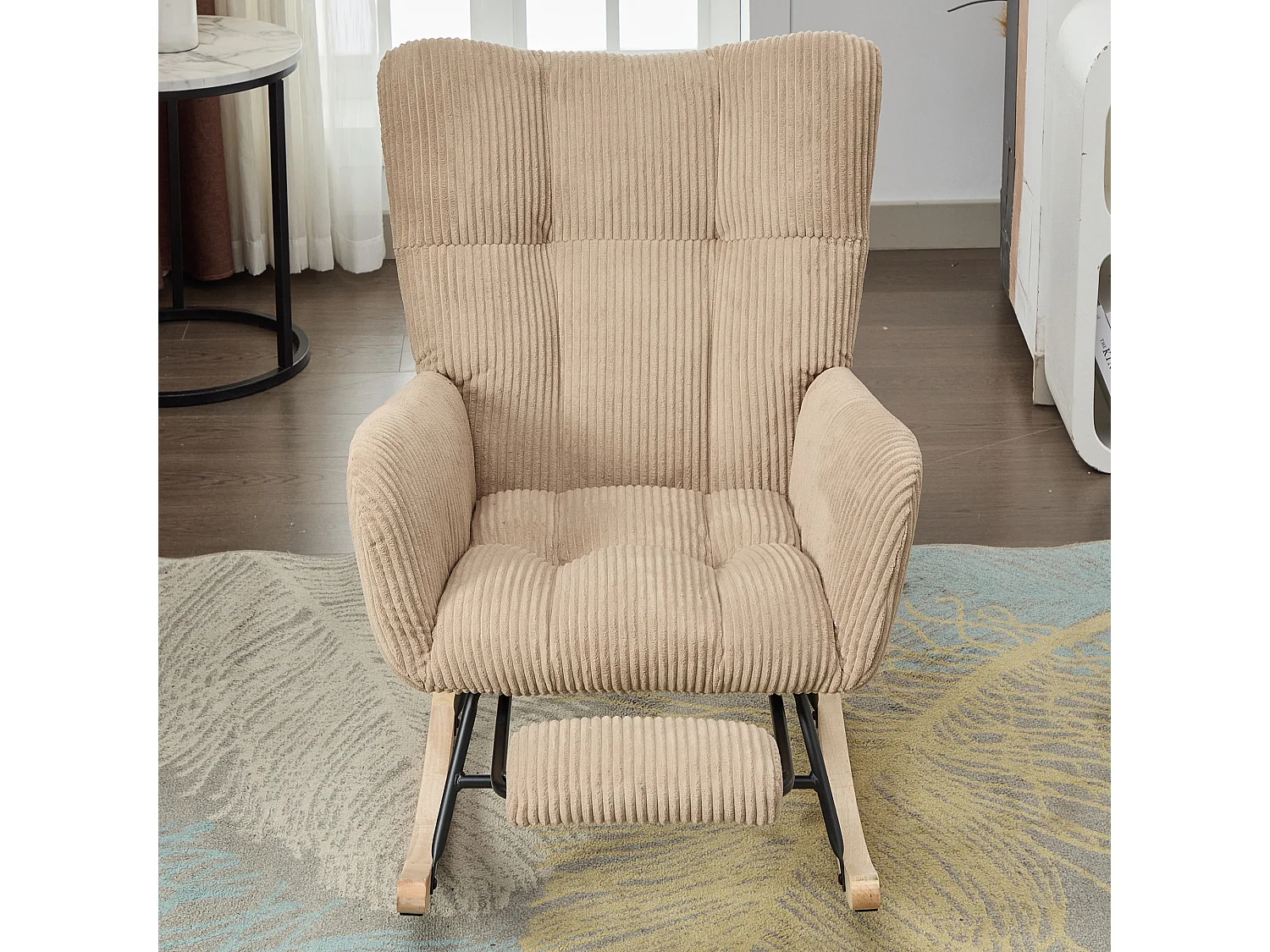 Fauteuil à bascule avec repose-pièds évolutif et accoudoirs - 102 x 65 x 92 cm - Velours côtelé - Marron