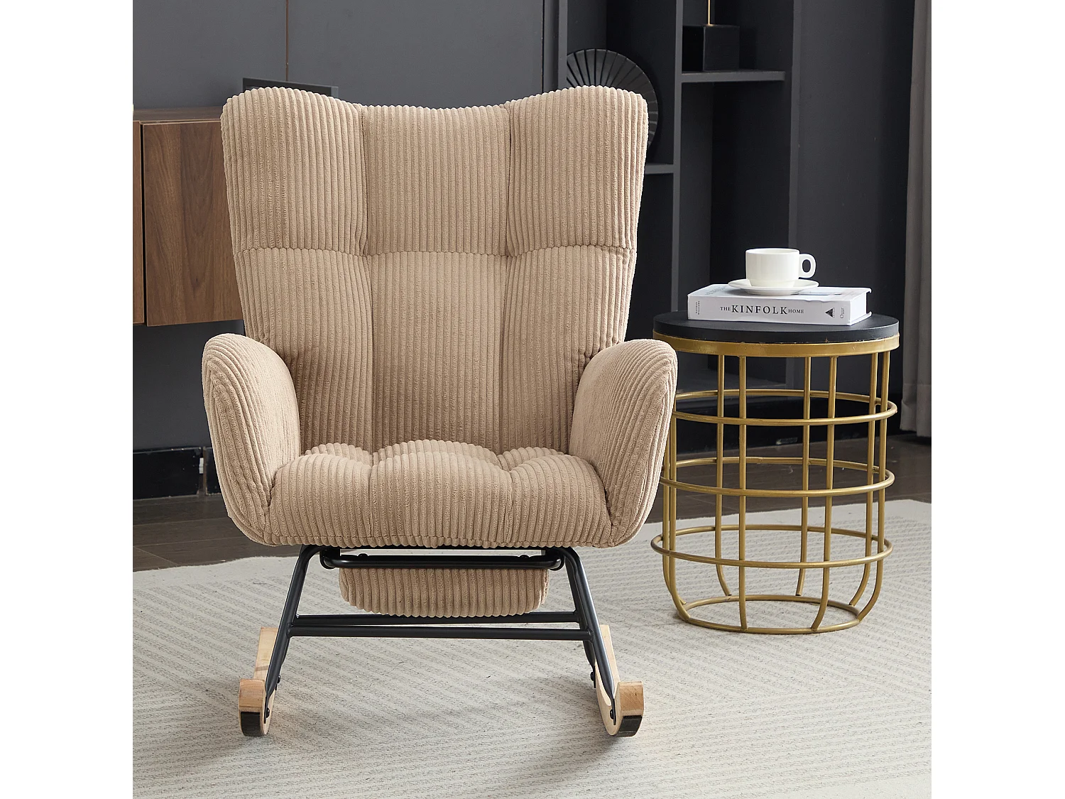 Fauteuil à bascule avec repose-pièds évolutif et accoudoirs - 102 x 65 x 92 cm - Velours côtelé - Marron