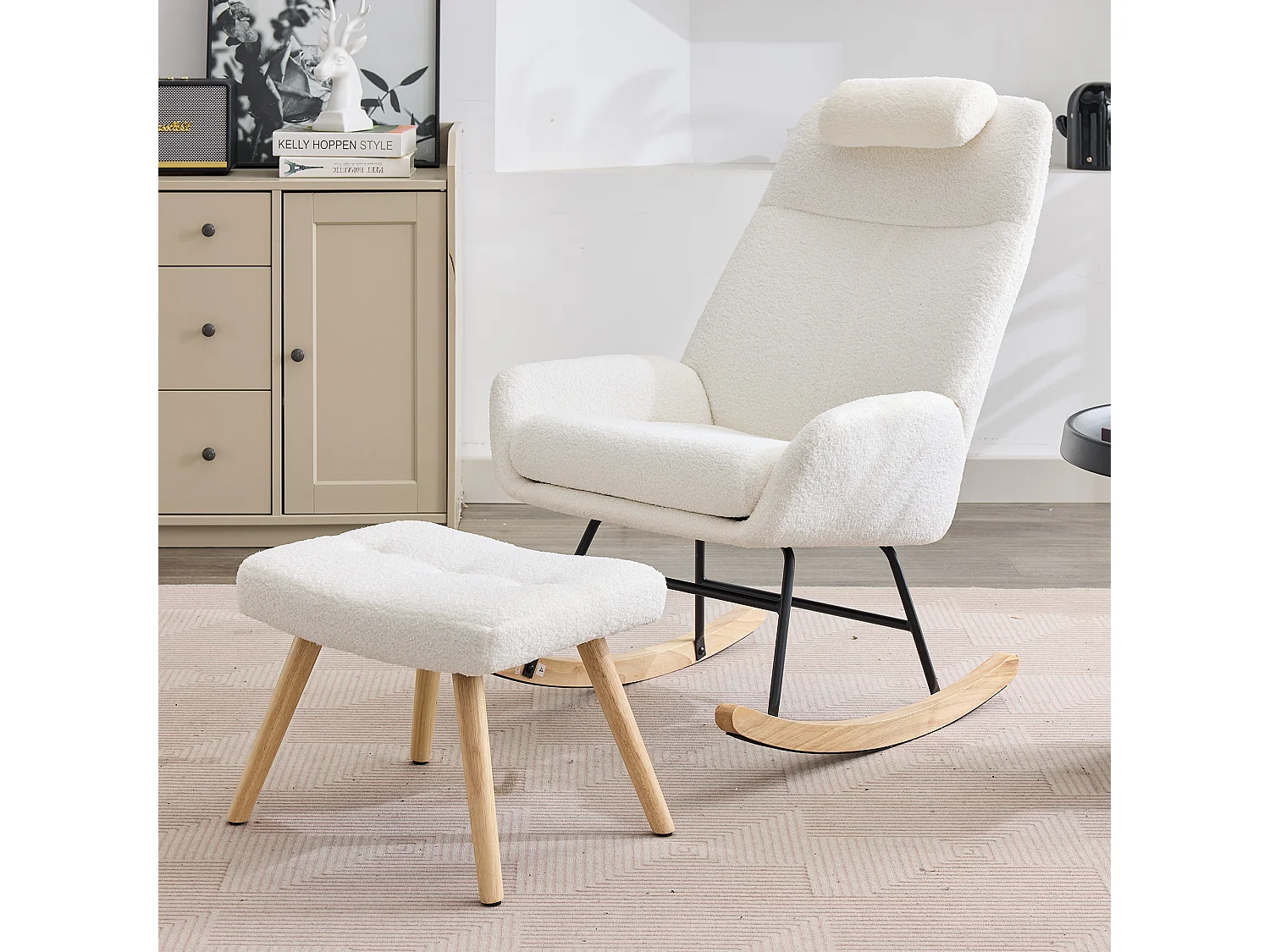 Teddy Velvet Schommelstoel met Voetenbank en Hoofdsteun - 54 x 98 x 96,5 cm - Wit
