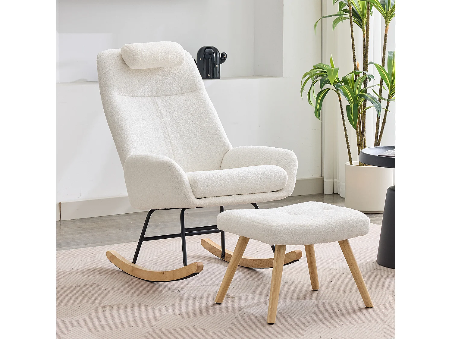 Teddy Velvet Schommelstoel met Voetenbank en Hoofdsteun - 54 x 98 x 96,5 cm - Wit