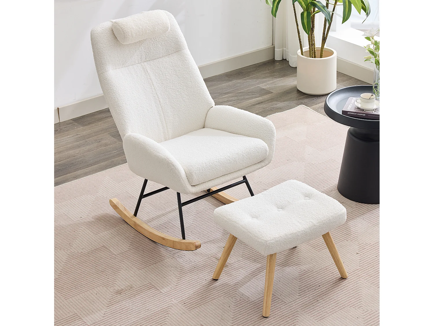 Teddy Velvet Schommelstoel met Voetenbank en Hoofdsteun - 54 x 98 x 96,5 cm - Wit