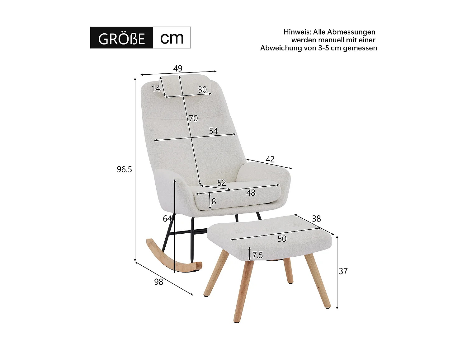 Teddy Velvet Schommelstoel met Voetenbank en Hoofdsteun - 54 x 98 x 96,5 cm - Wit