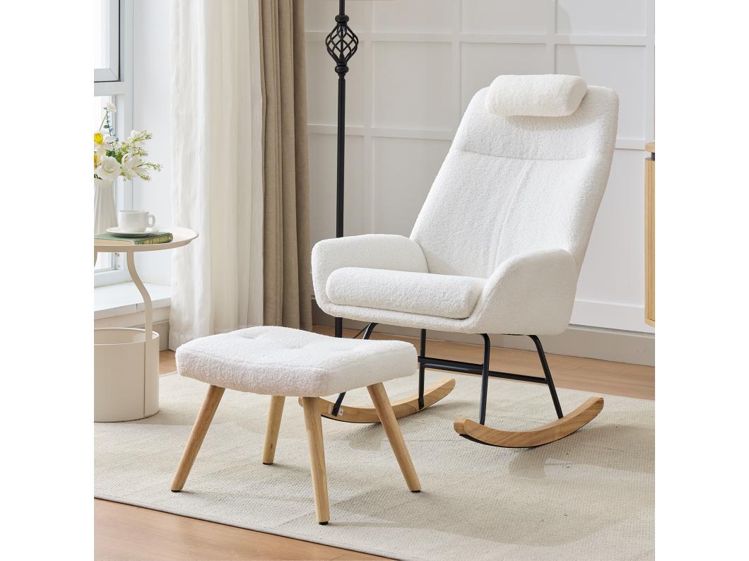 Cadeira de balanço Teddy Velvet com apoio para os pés e para a cabeça - 54 x 98 x 96,5 cm - Branco