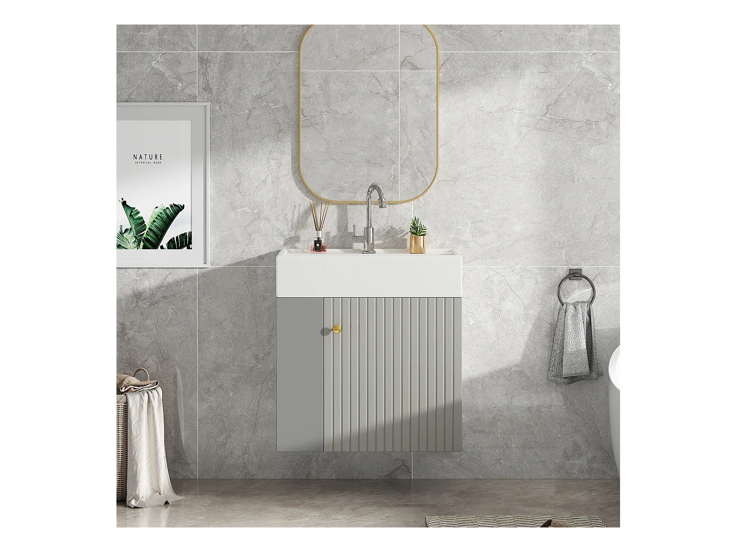 Meuble de salle de bain vasque simple - 2 niches latérales et 1 porte - 55 x 31 x 66.5 cm - Panneaux de particules - Gris
