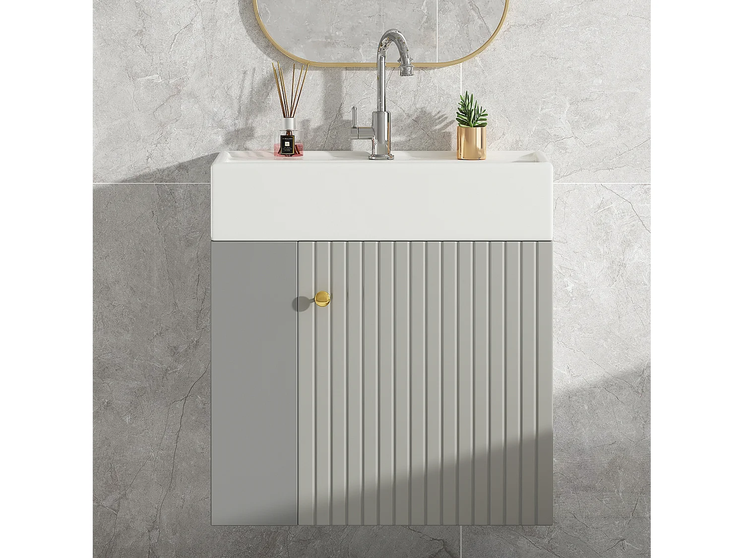 Szafka łazienkowa pod pojedynczą umywalkę - 2 wnęki boczne i 1 drzwi - 55 x 31 x 66,5 cm - Płyta wiórowa - Szara