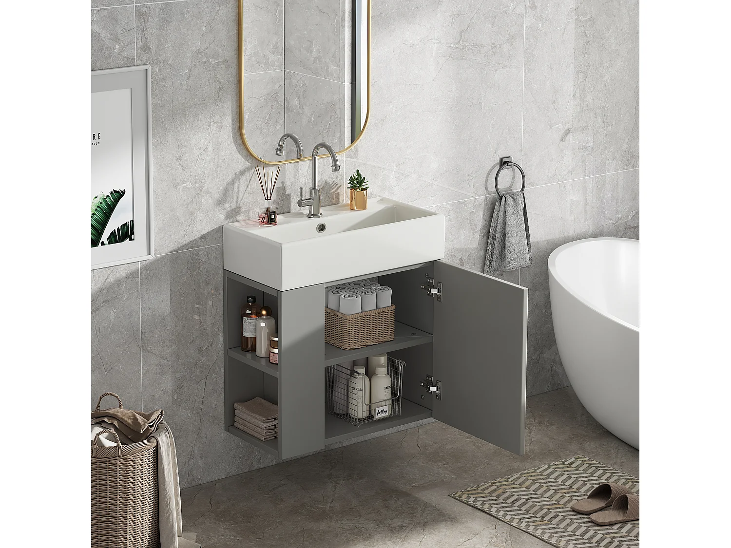 Szafka łazienkowa pod pojedynczą umywalkę - 2 wnęki boczne i 1 drzwi - 55 x 31 x 66,5 cm - Płyta wiórowa - Szara