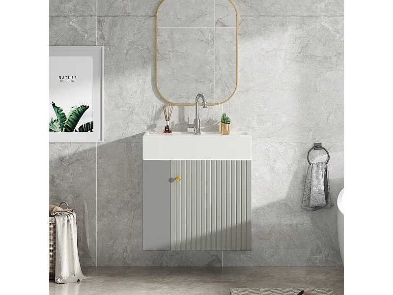 Mueble de baño lavabo simple - 2 huecos laterales y 1 puerta - 55 x 31 x 66,5 cm - Tablero de partículas - Gris