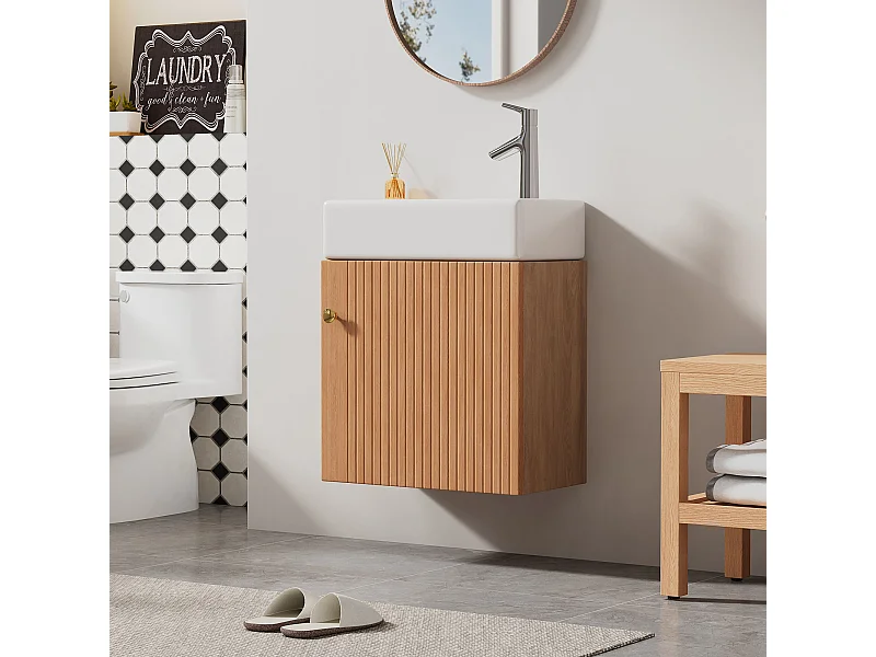 Einzelwaschbecken-Badezimmerschrank, niedriger Schrank mit Keramikwaschbecken - 46 x 26 x 56 cm - MDF-Holz - Natur