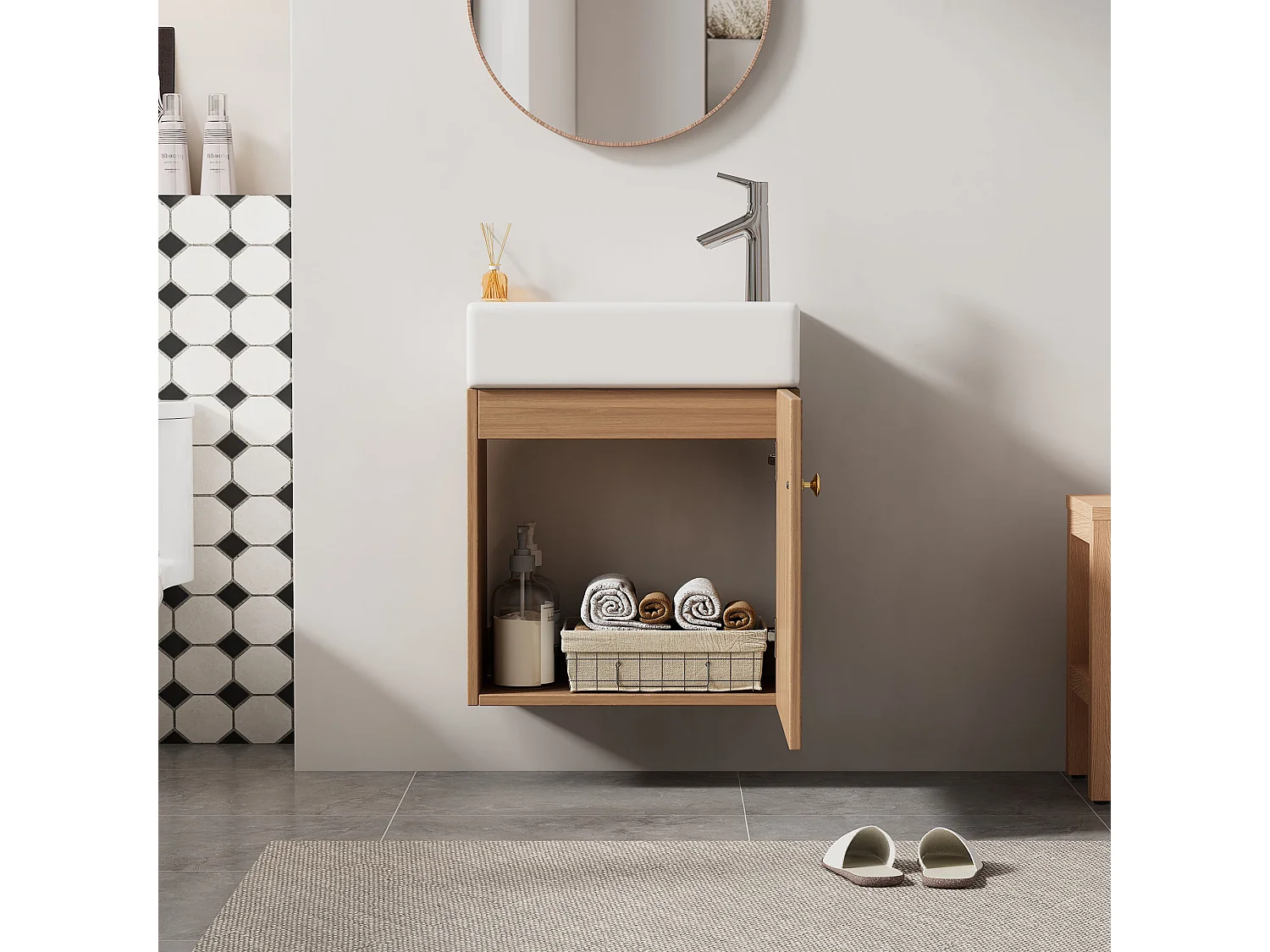 Enkele wastafel badkamermeubel, lage kast met keramische wastafel - 46 x 26 x 56 cm - MDF hout - Naturel