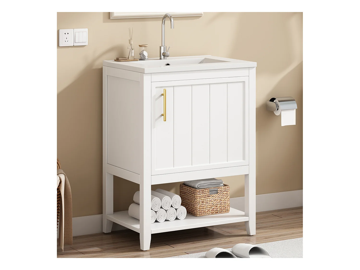 Badezimmerschrank mit Einzelwaschbecken - 1 offenes Regal und 1 Tür - 61 x 47 x 87 cm - MDF-Holz - Weiß