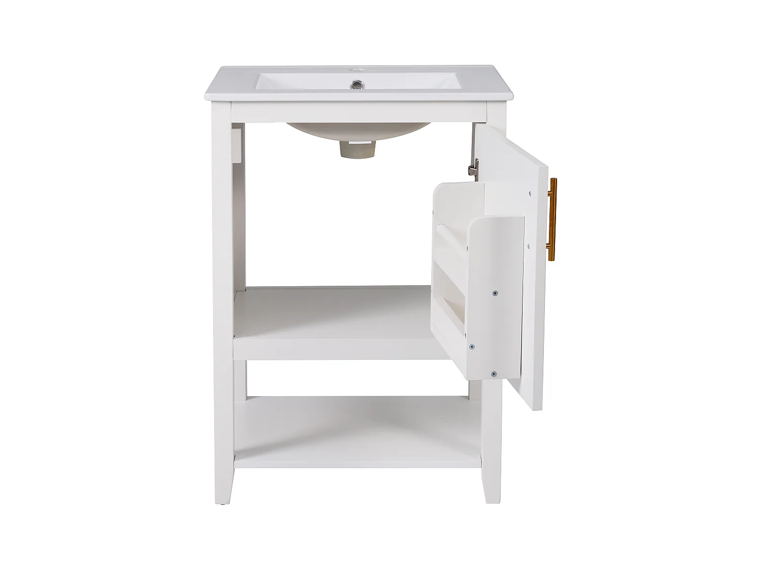 Badezimmerschrank mit Einzelwaschbecken - 1 offenes Regal und 1 Tür - 61 x 47 x 87 cm - MDF-Holz - Weiß
