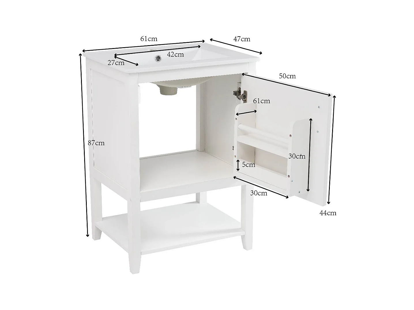 Badezimmerschrank mit Einzelwaschbecken - 1 offenes Regal und 1 Tür - 61 x 47 x 87 cm - MDF-Holz - Weiß