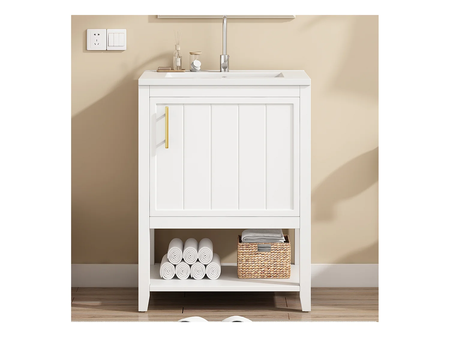 Badezimmerschrank mit Einzelwaschbecken - 1 offenes Regal und 1 Tür - 61 x 47 x 87 cm - MDF-Holz - Weiß