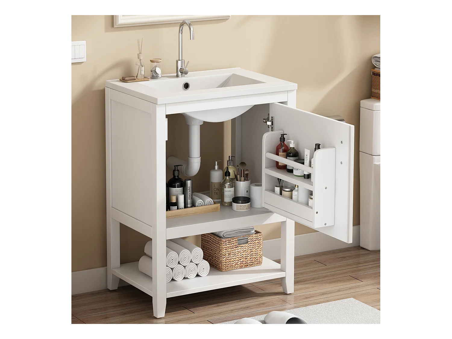 Badezimmerschrank mit Einzelwaschbecken - 1 offenes Regal und 1 Tür - 61 x 47 x 87 cm - MDF-Holz - Weiß