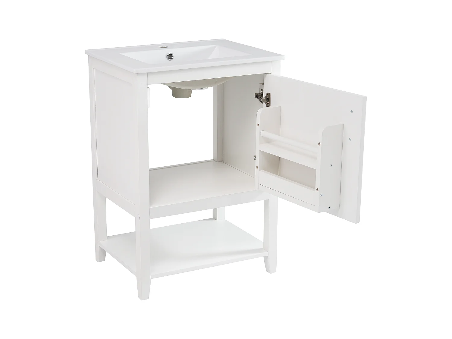 Badezimmerschrank mit Einzelwaschbecken - 1 offenes Regal und 1 Tür - 61 x 47 x 87 cm - MDF-Holz - Weiß