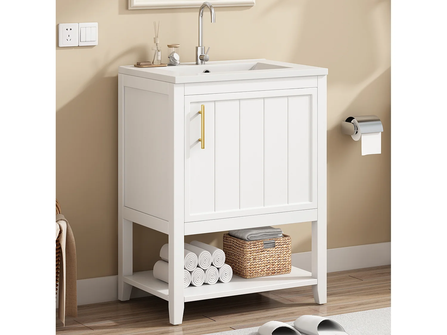 Meuble de salle de bain vasque simple - 1 étagère ouverte et 1 porte - 61 x 47 x 87 cm - Bois MDF - Blanc