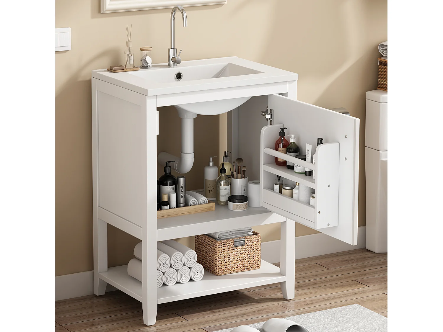 Meuble de salle de bain vasque simple - 1 étagère ouverte et 1 porte - 61 x 47 x 87 cm - Bois MDF - Blanc