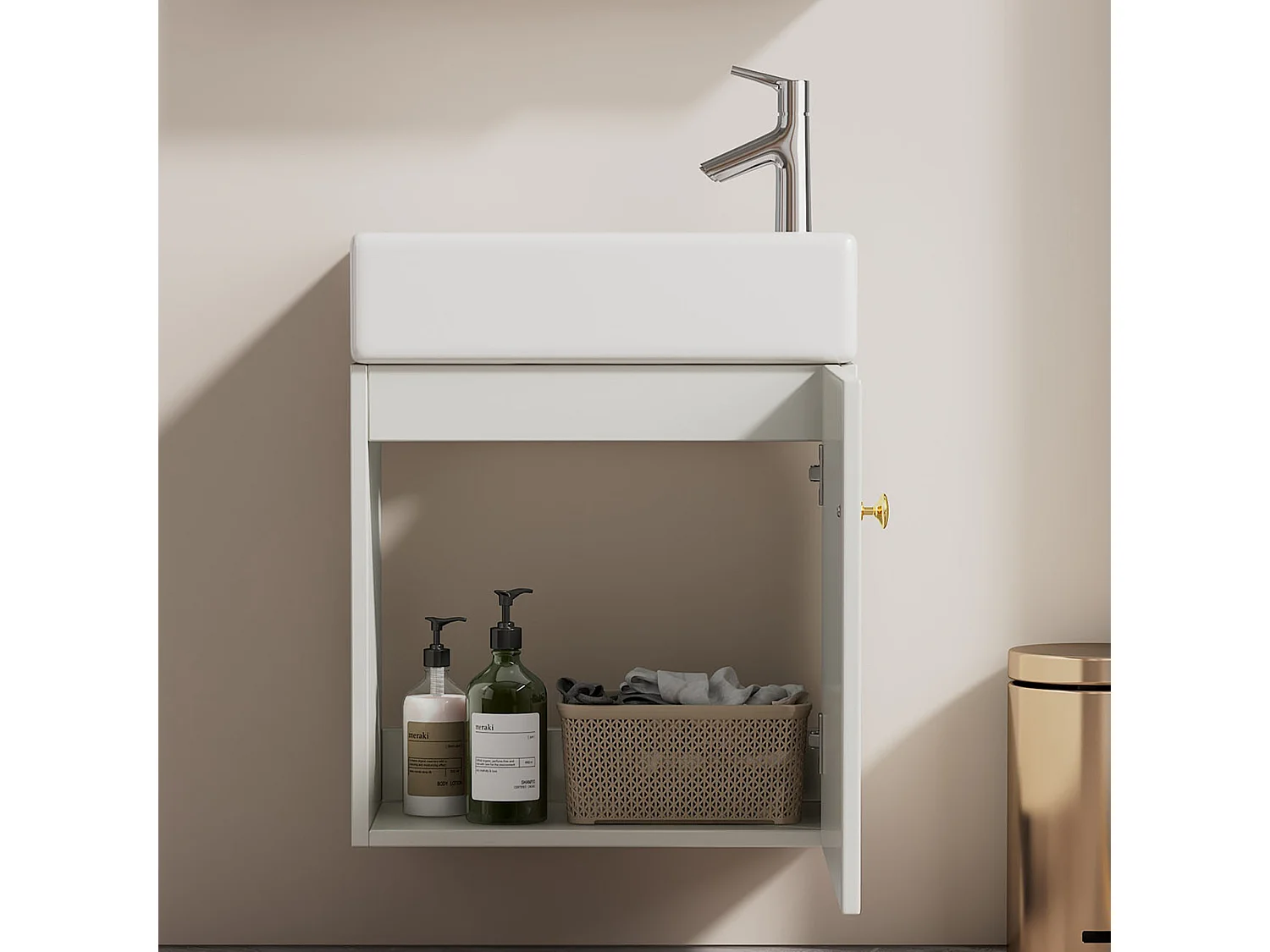 Mueble de baño de un seno, mueble base con lavabo de cerámica - 46 x 26 x 56 cm - Madera MDF - Blanco