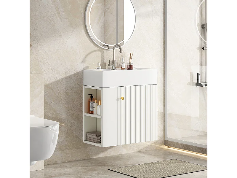Mueble de baño lavabo simple - 2 huecos laterales y 1 puerta - 55 x 31 x 66,5 cm - Tablero de partículas - Blanco
