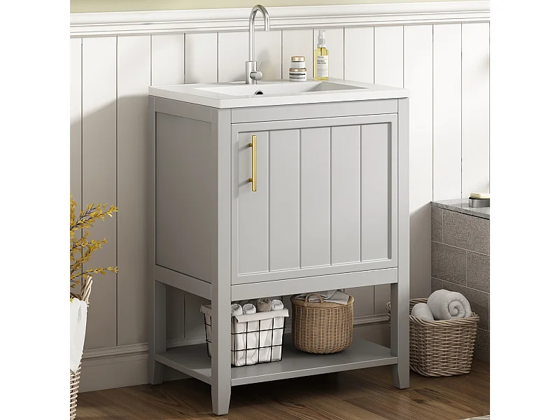 Meuble de salle de bain vasque simple - 1 étagère ouverte et 1 porte - 61 x 47 x 87 cm - Bois MDF - Gris clair